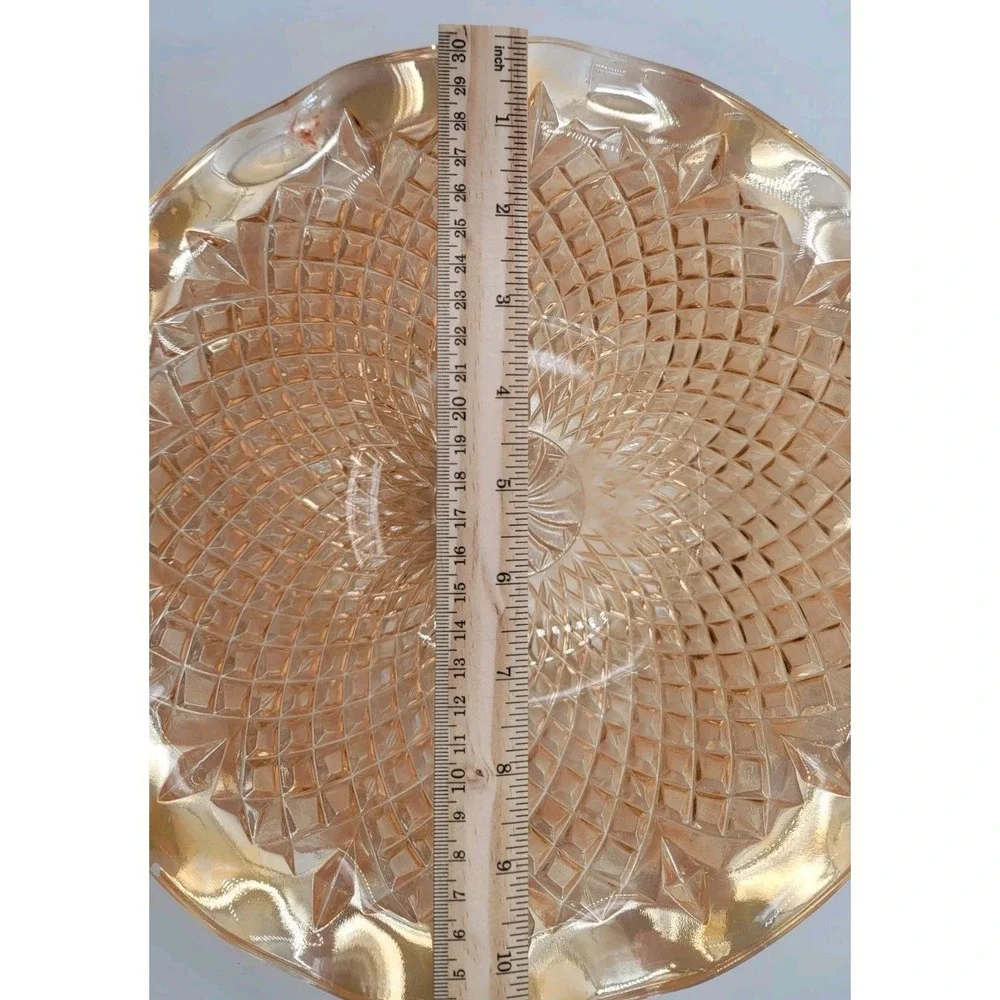 Vintage 1940s Indiana Glass Orange Carnival Glass Ruffled Diamond Point Bowl 11